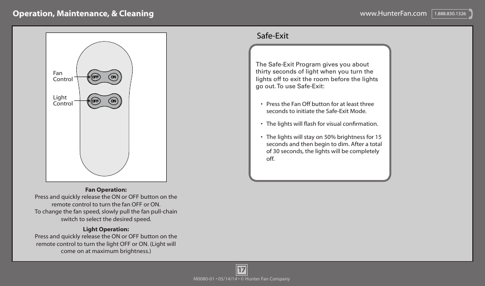 Operation, maintenance, & cleaning safe-exit | Hunter 52100 52 Newcastle User Manual | Page 17 / 19
