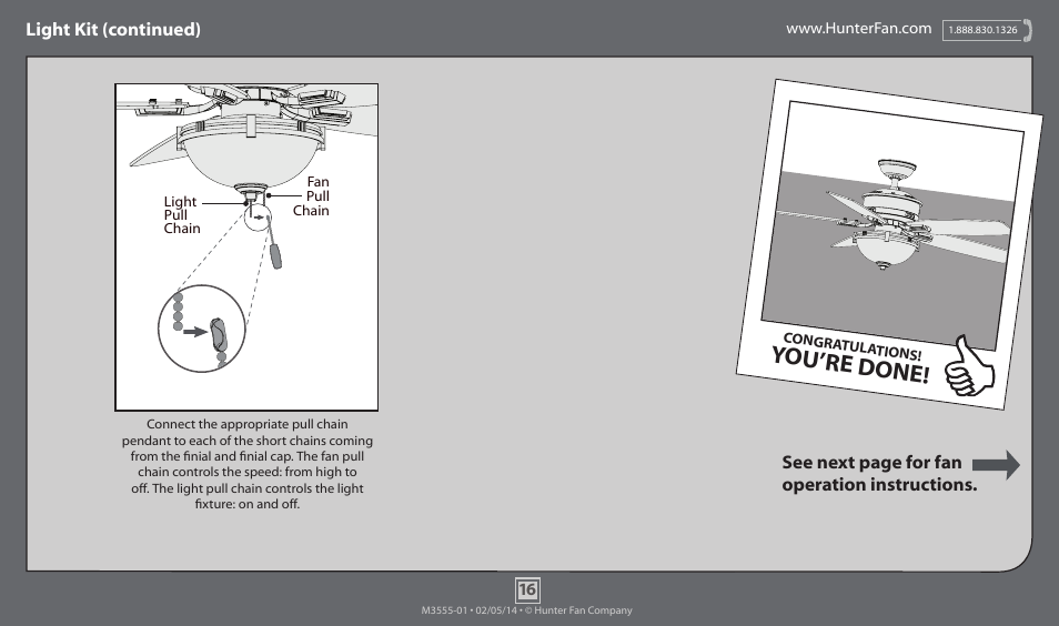 You’re done, Light kit (continued), See next page for fan operation instructions | Hunter 53260 52 Morris County User Manual | Page 16 / 18