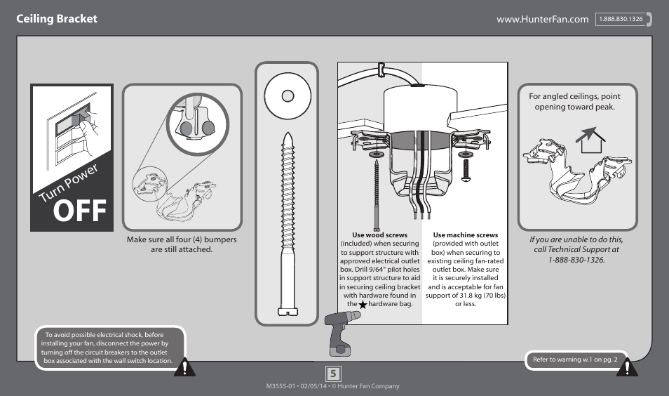 Turn p ow er, Ceiling bracket | Hunter 53260 52 Morris County User Manual | Page 5 / 18