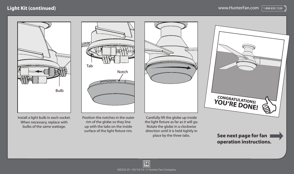 You’re done, Light kit (continued), See next page for fan operation instructions | Hunter 59141 52 Morelli User Manual | Page 14 / 18