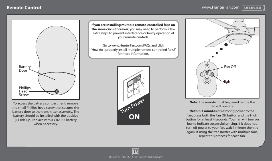 Turn p ow er, Remote control | Hunter 59141 52 Morelli User Manual | Page 15 / 18