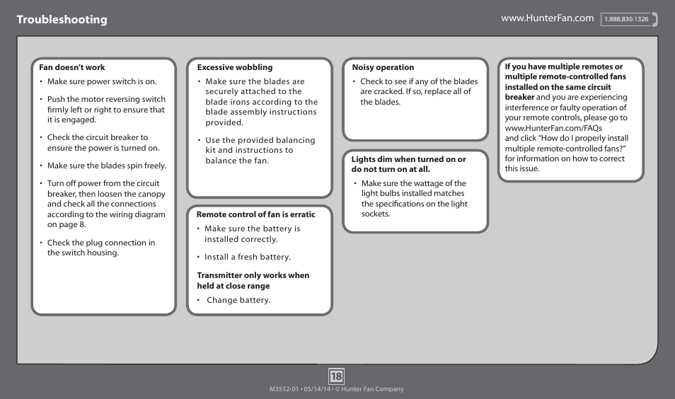 Troubleshooting | Hunter 59141 52 Morelli User Manual | Page 18 / 18