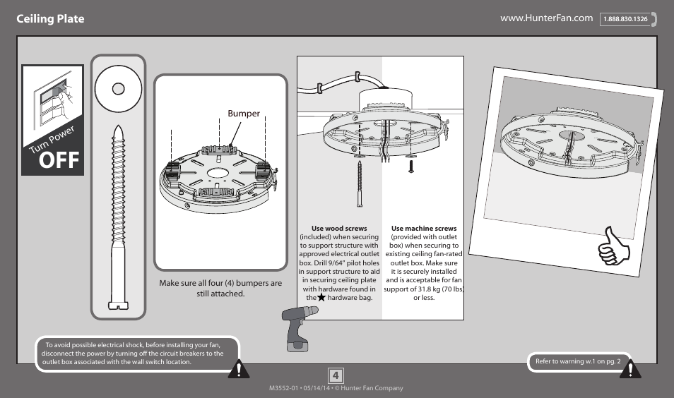 Ceiling plate, Turn p ow er | Hunter 59141 52 Morelli User Manual | Page 4 / 18