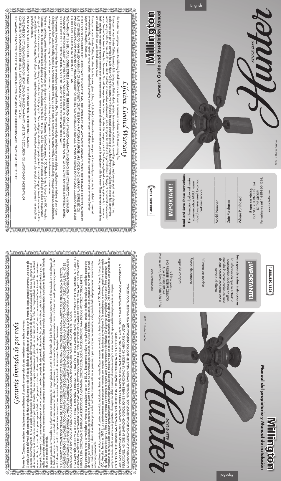 Hunter 53038 52 Millington User Manual | 2 pages