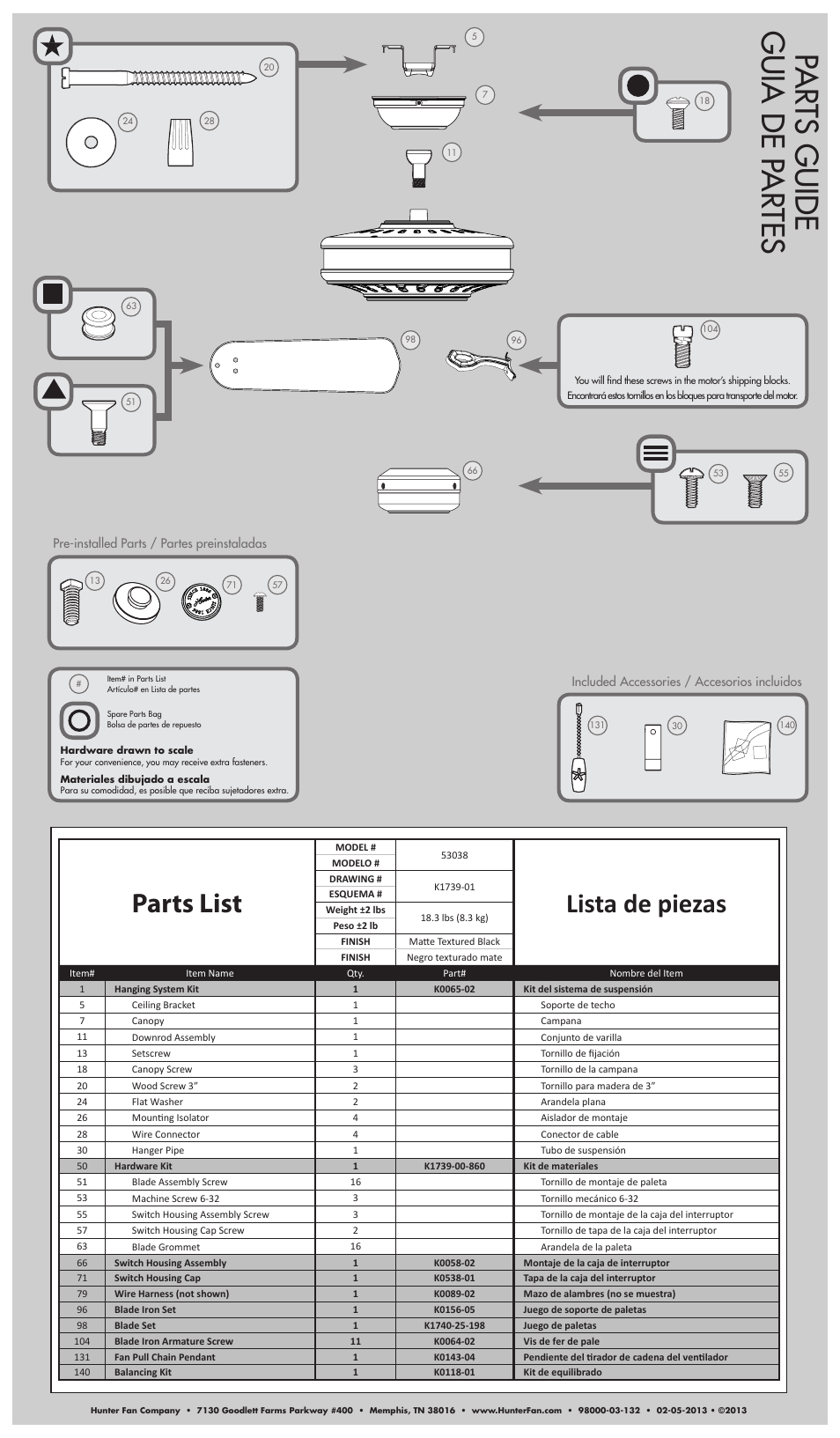 Par ts guide guia de p ar tes, Parts list, Lista de piezas | Hunter 53038 52 Millington User Manual | Page 2 / 2