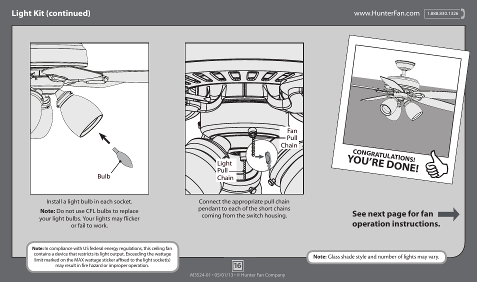 You’re done, Light kit (continued), See next page for fan operation instructions | Hunter 53306 52 Meridale User Manual | Page 16 / 18