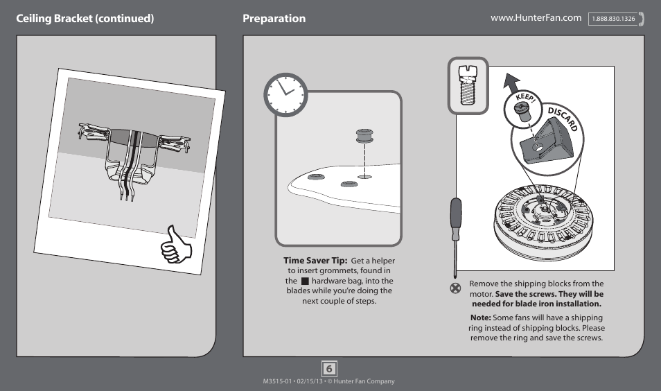 Ceiling bracket (continued) preparation | Hunter 59032 52 Rayburn User Manual | Page 6 / 17