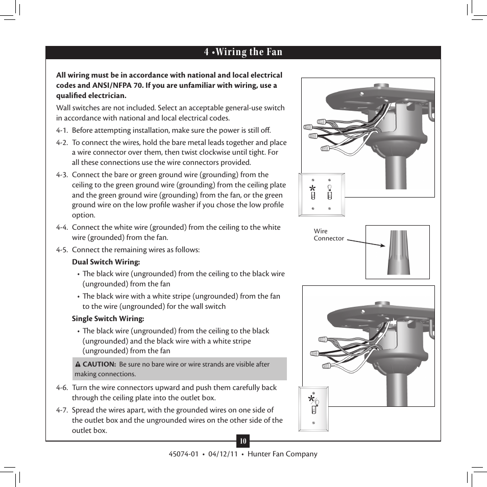 4 •wiring the fan | Hunter 28721 52 Pro's Best Five Minute Fan User Manual | Page 10 / 17