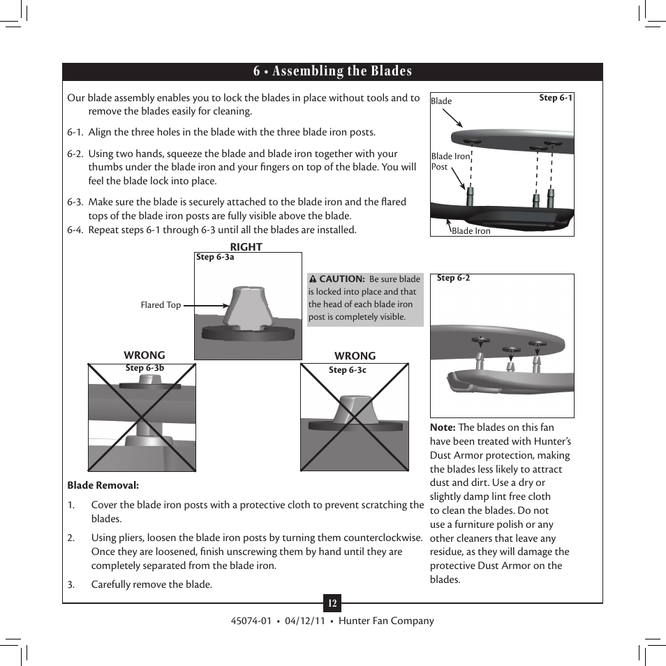 6 • assembling the blades | Hunter 28721 52 Pro's Best Five Minute Fan User Manual | Page 12 / 17