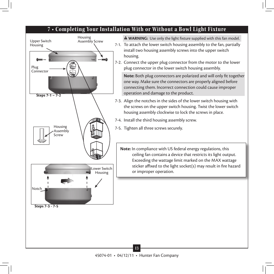 7 • completing your installation with or, Without a bowl light fixture | Hunter 28721 52 Pro's Best Five Minute Fan User Manual | Page 13 / 17
