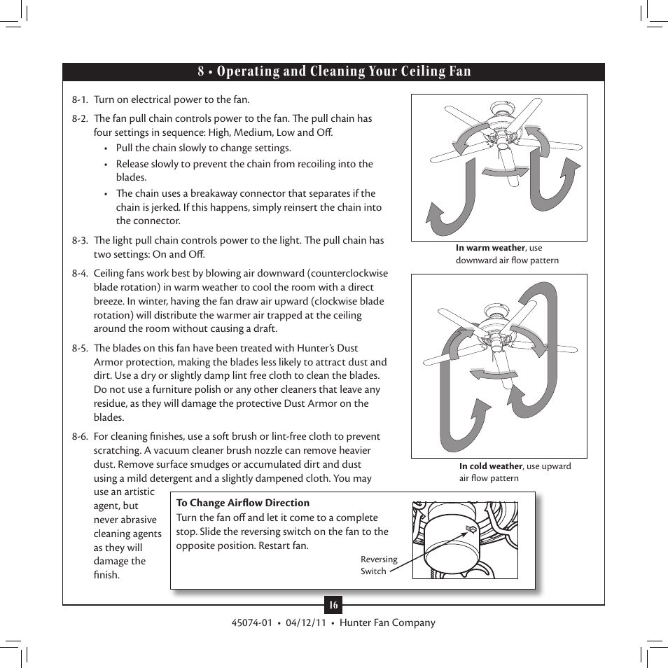 8 • operating and cleaning your ceiling fan, 8 • operating and cleaning your ceiling | Hunter 28721 52 Pro's Best Five Minute Fan User Manual | Page 16 / 17