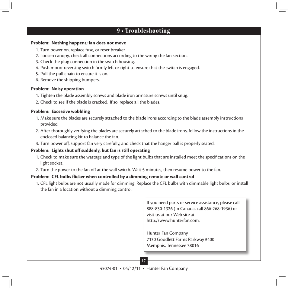 9 • troubleshooting | Hunter 28721 52 Pro's Best Five Minute Fan User Manual | Page 17 / 17