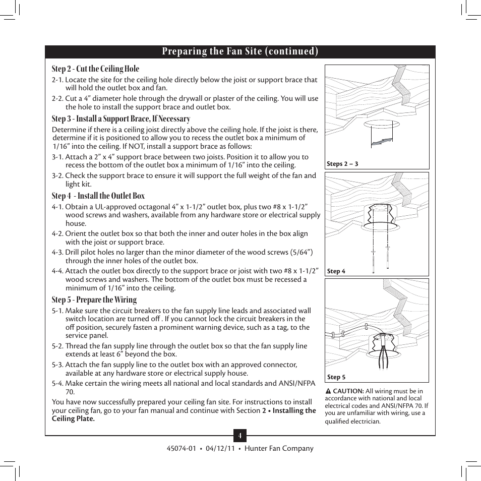 Preparing the fan site (continued), Step 2 - cut the ceiling hole, Step 3 - install a support brace, if necessary | Step 4 - install the outlet box, Step 5 - prepare the wiring | Hunter 28721 52 Pro's Best Five Minute Fan User Manual | Page 4 / 17