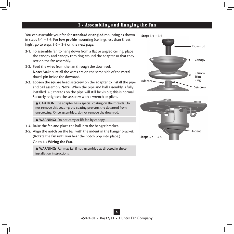 3 • assembling and hanging the fan | Hunter 28721 52 Pro's Best Five Minute Fan User Manual | Page 8 / 17