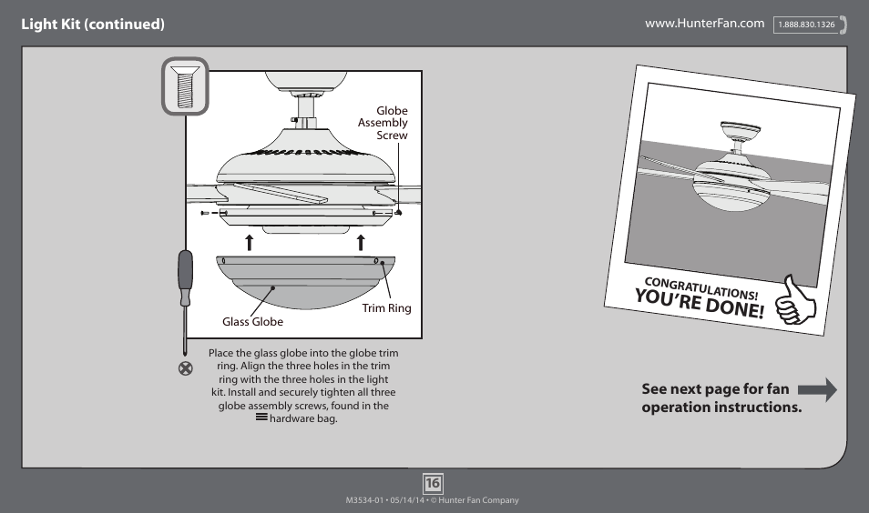 You’re done, See next page for fan operation instructions, Light kit (continued) | Hunter 59048 52 Palermo User Manual | Page 16 / 20