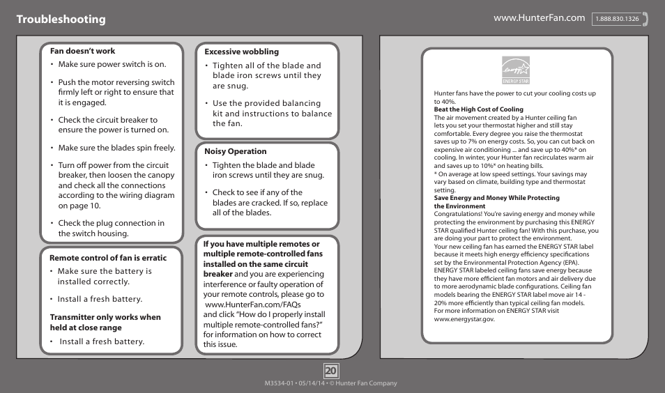Troubleshooting | Hunter 59048 52 Palermo User Manual | Page 20 / 20