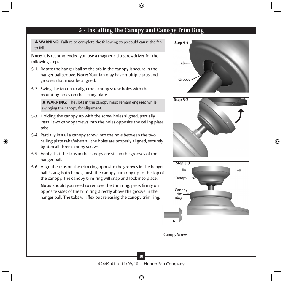 5 • installing the canopy and canopy trim ring | Hunter 28704 52 Skyline User Manual | Page 10 / 17