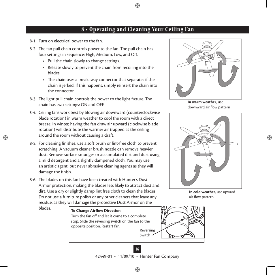 8 • operating and cleaning your ceiling fan | Hunter 28704 52 Skyline User Manual | Page 16 / 17