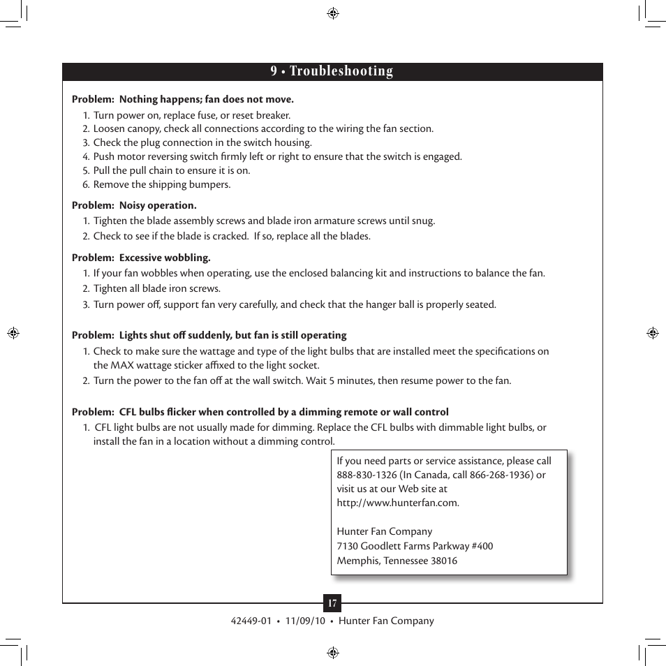 9 • troubleshooting | Hunter 28704 52 Skyline User Manual | Page 17 / 17