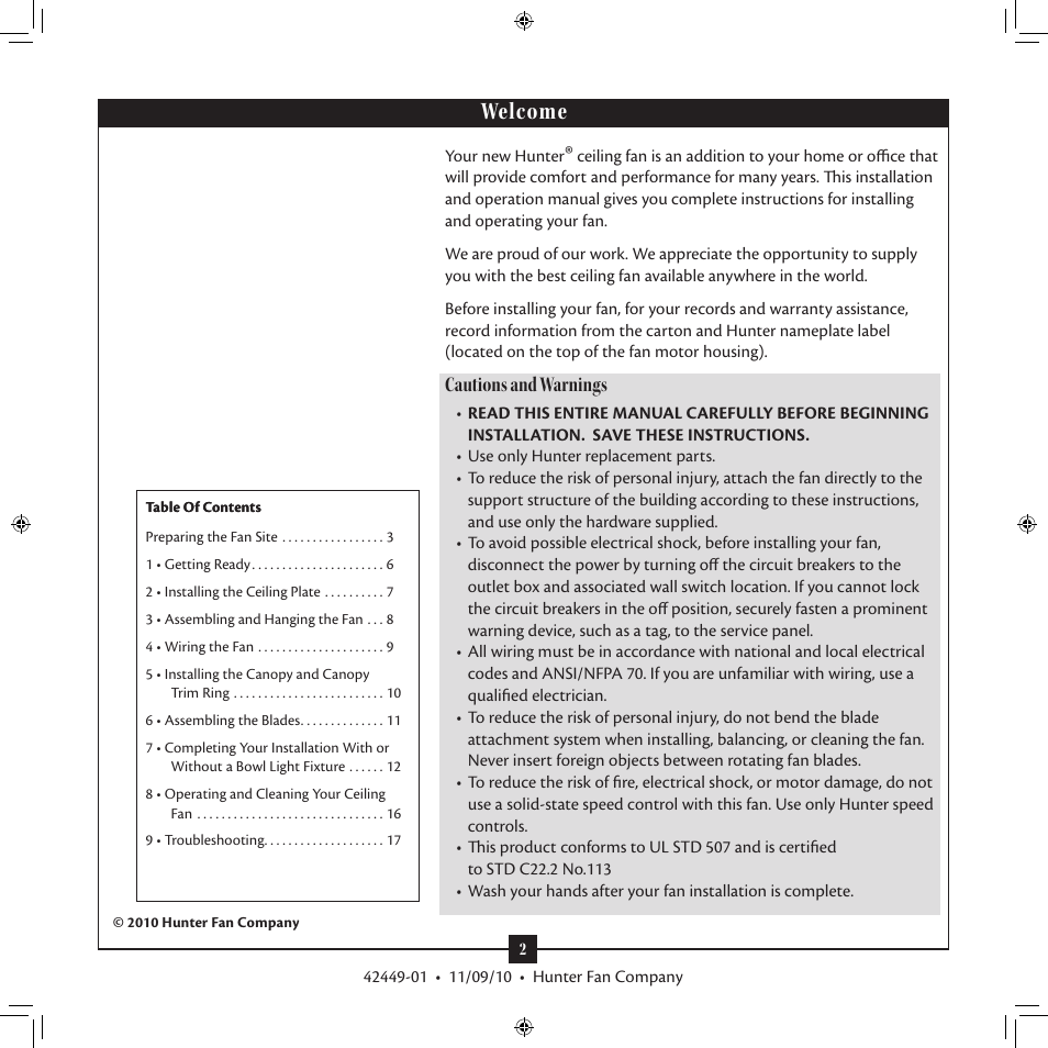 Welcome, Cautions and warnings | Hunter 28704 52 Skyline User Manual | Page 2 / 17