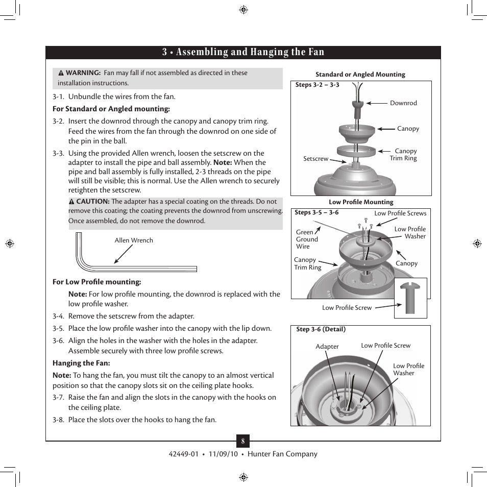 3 • assembling and hanging the fan | Hunter 28704 52 Skyline User Manual | Page 8 / 17