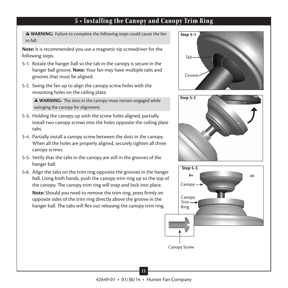 5 • installing the canopy and canopy trim ring | Hunter 21585 52 Sonic User Manual | Page 11 / 16