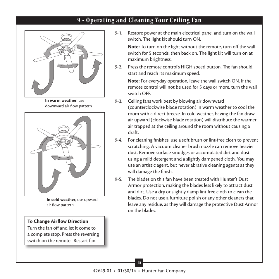 9 • operating and cleaning your ceiling fan | Hunter 21585 52 Sonic User Manual | Page 15 / 16