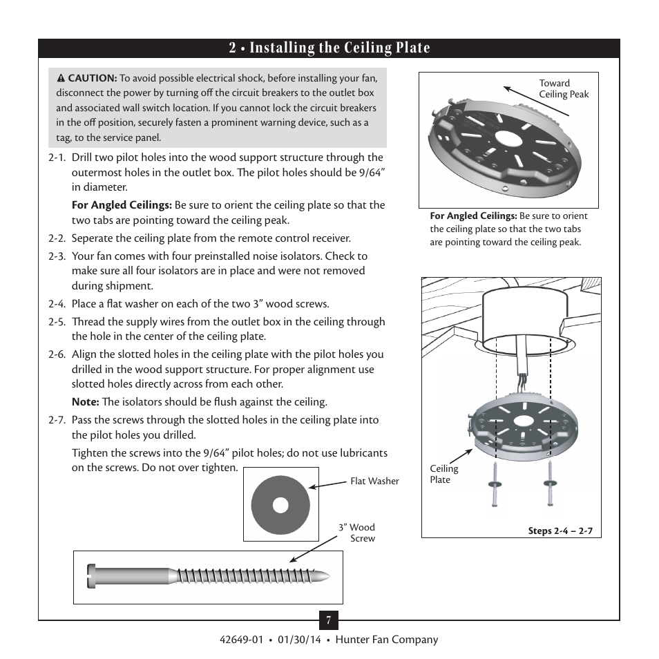 2 • installing the ceiling plate | Hunter 21585 52 Sonic User Manual | Page 7 / 16