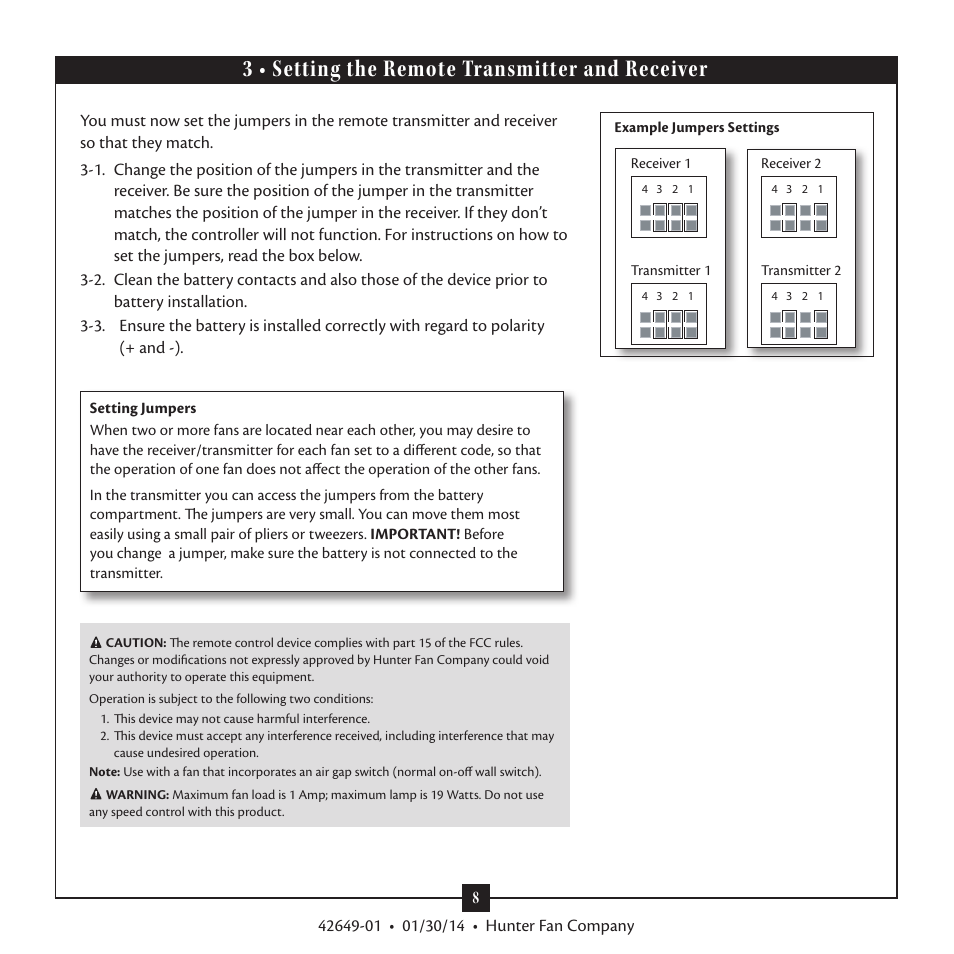 3 • setting the remote transmitter and receiver | Hunter 21585 52 Sonic User Manual | Page 8 / 16