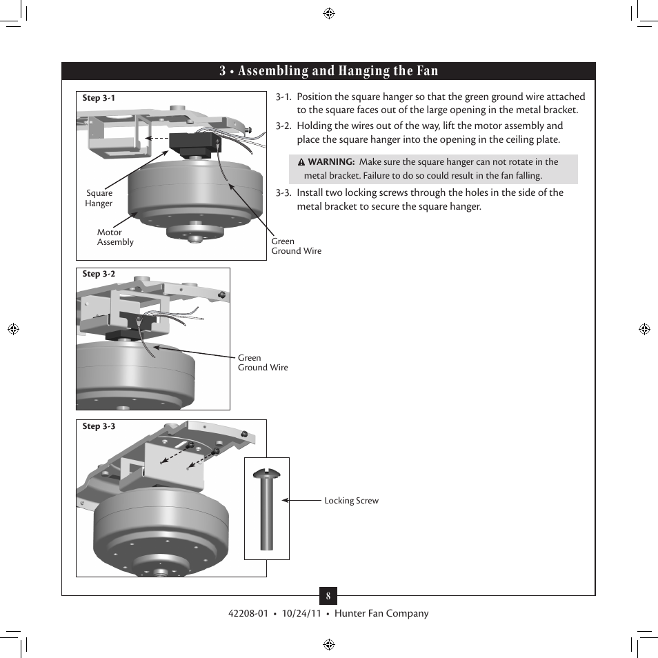 3 • assembling and hanging the fan | Hunter 28419 52 St. Michaels User Manual | Page 8 / 17