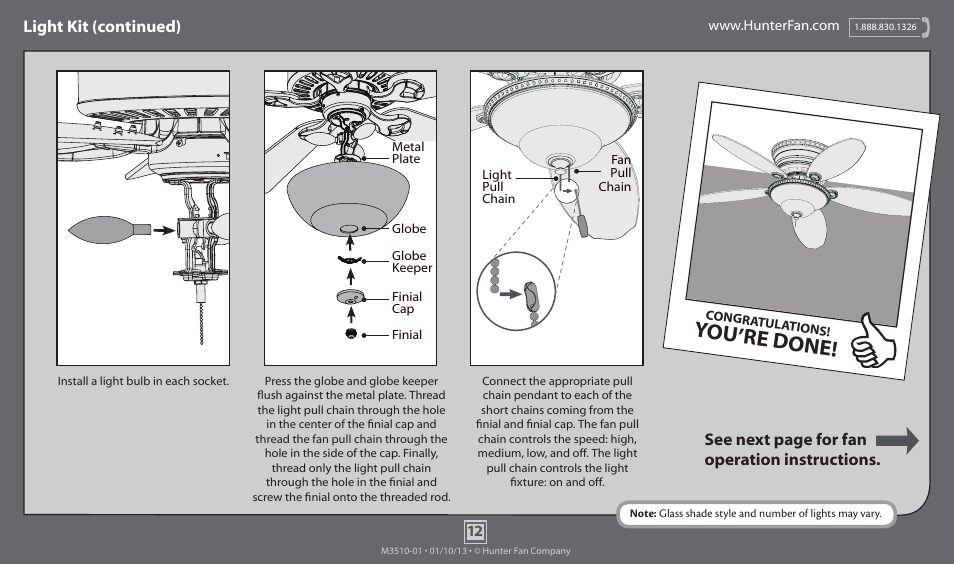 You’re done, Light kit (continued), See next page for fan operation instructions | Hunter 54077 52 St. Michaels User Manual | Page 12 / 14