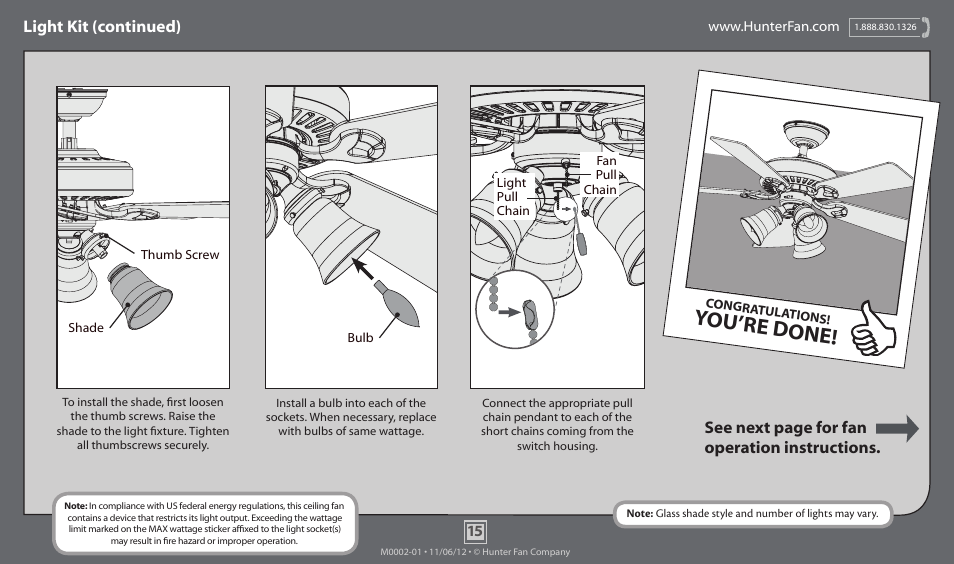 You’re done, Light kit (continued), See next page for fan operation instructions | Hunter 51010 42 Southern Breeze User Manual | Page 15 / 17