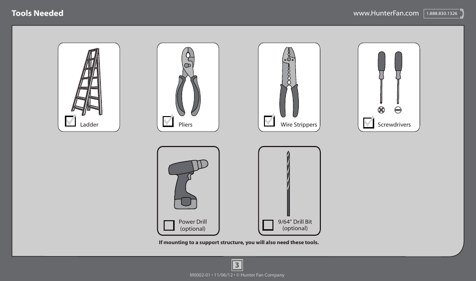 Tools needed | Hunter 51010 42 Southern Breeze User Manual | Page 3 / 17