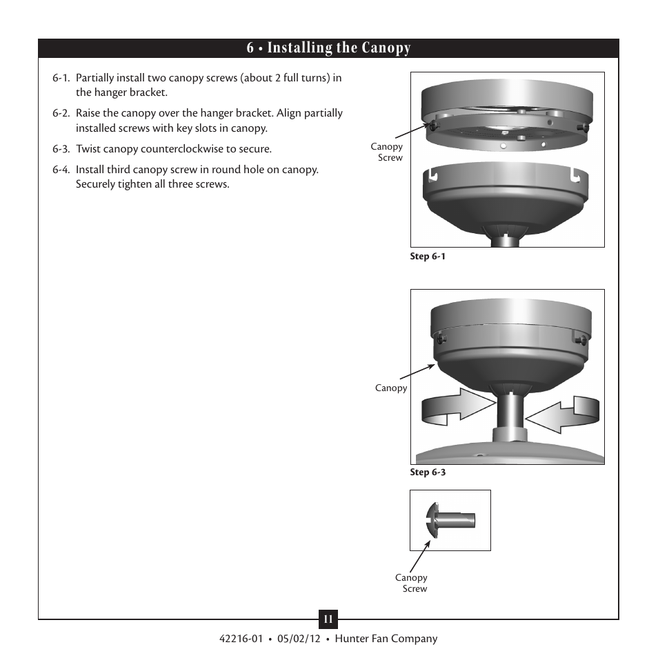 6 • installing the canopy | Hunter 28822 52 Tobago User Manual | Page 11 / 19