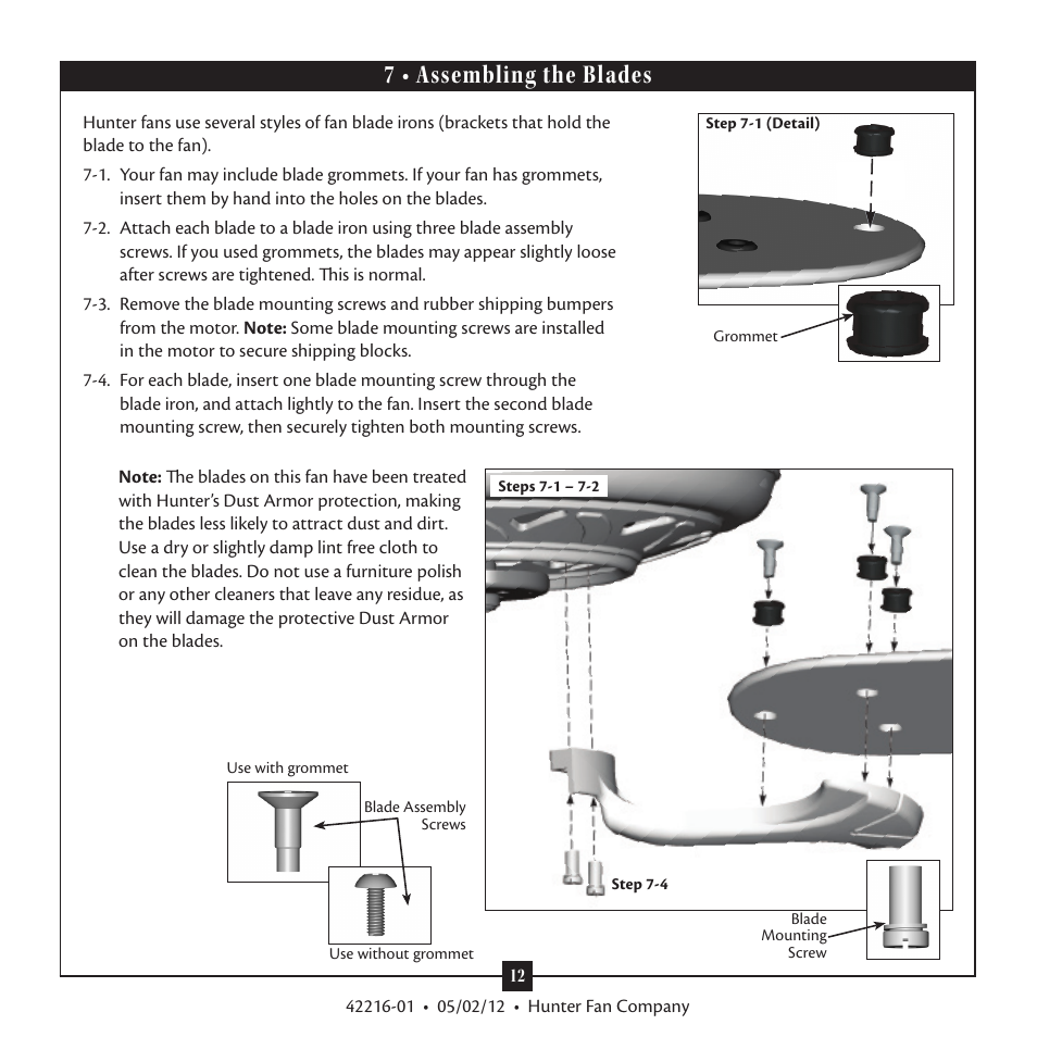 7 • assembling the blades | Hunter 28822 52 Tobago User Manual | Page 12 / 19