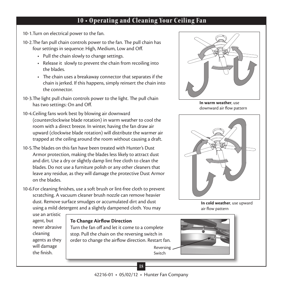 10 • operating and cleaning your ceiling fan | Hunter 28822 52 Tobago User Manual | Page 18 / 19
