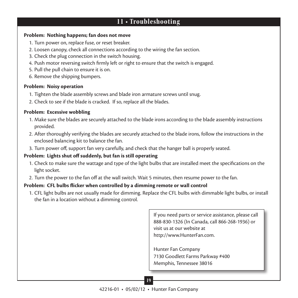 11 • troubleshooting | Hunter 28822 52 Tobago User Manual | Page 19 / 19