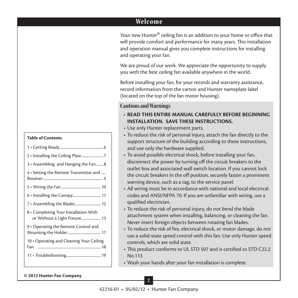 Welcome, Cautions and warnings | Hunter 28822 52 Tobago User Manual | Page 2 / 19