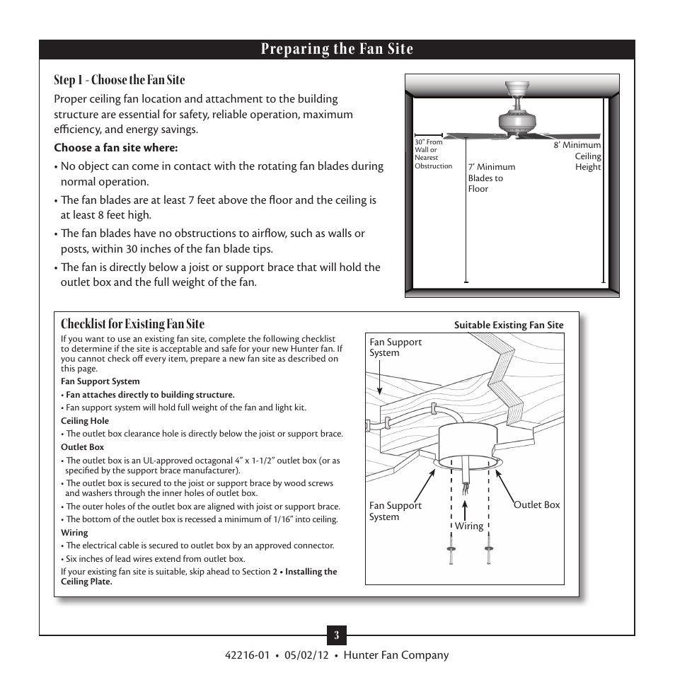 Preparing the fan site, Step 1 - choose the fan site, Checklist for existing fan site | Hunter 28822 52 Tobago User Manual | Page 3 / 19