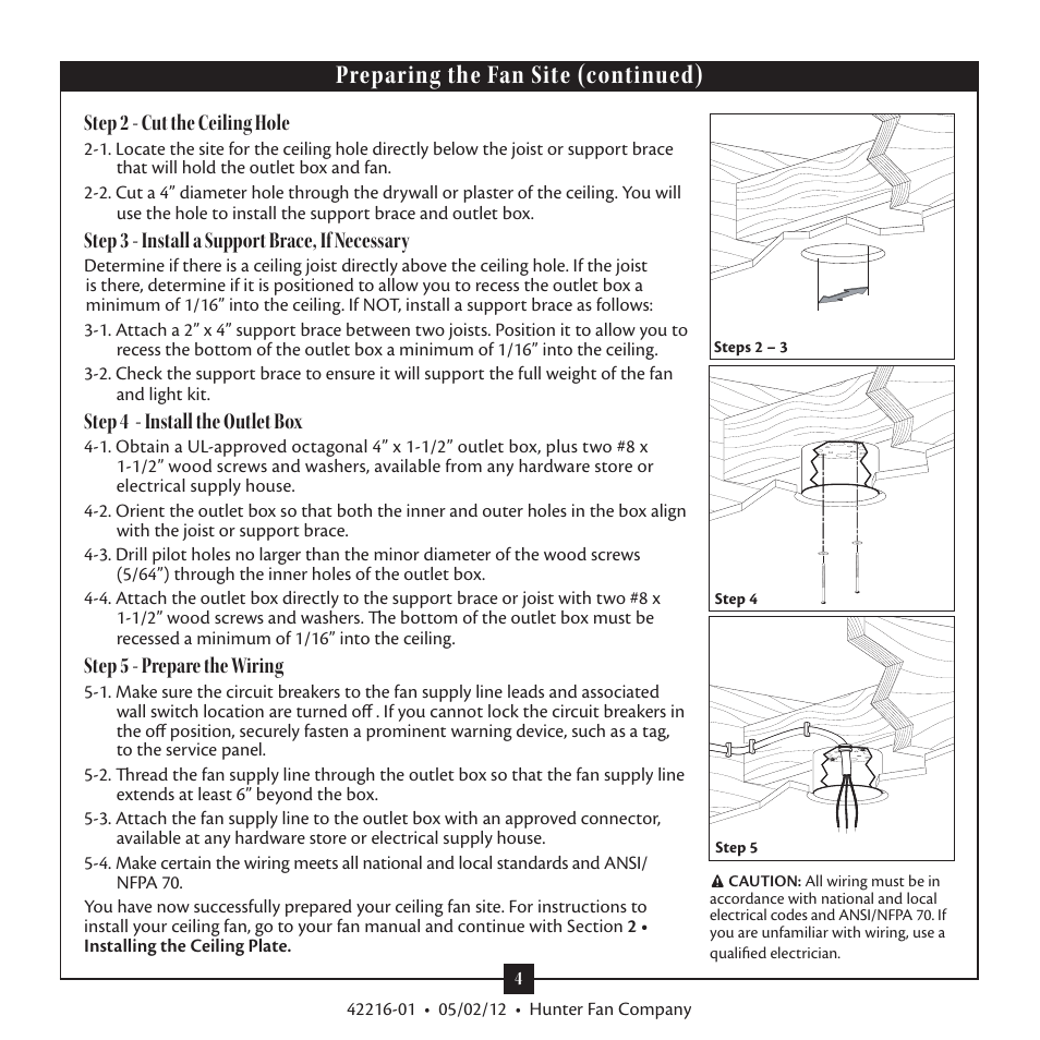 Preparing the fan site (continued), Step 2 - cut the ceiling hole, Step 3 - install a support brace, if necessary | Step 4 - install the outlet box, Step 5 - prepare the wiring | Hunter 28822 52 Tobago User Manual | Page 4 / 19