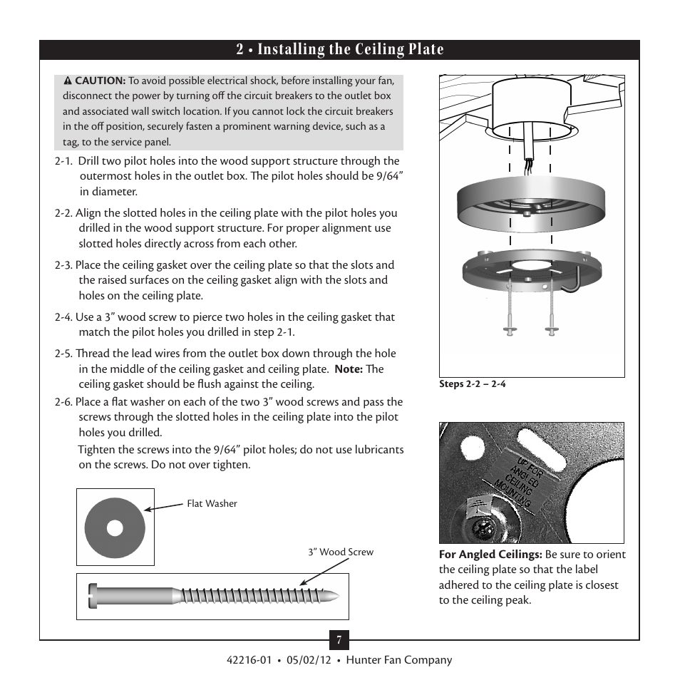 2 • installing the ceiling plate | Hunter 28822 52 Tobago User Manual | Page 7 / 19