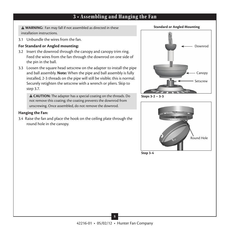 3 • assembling and hanging the fan | Hunter 28822 52 Tobago User Manual | Page 8 / 19