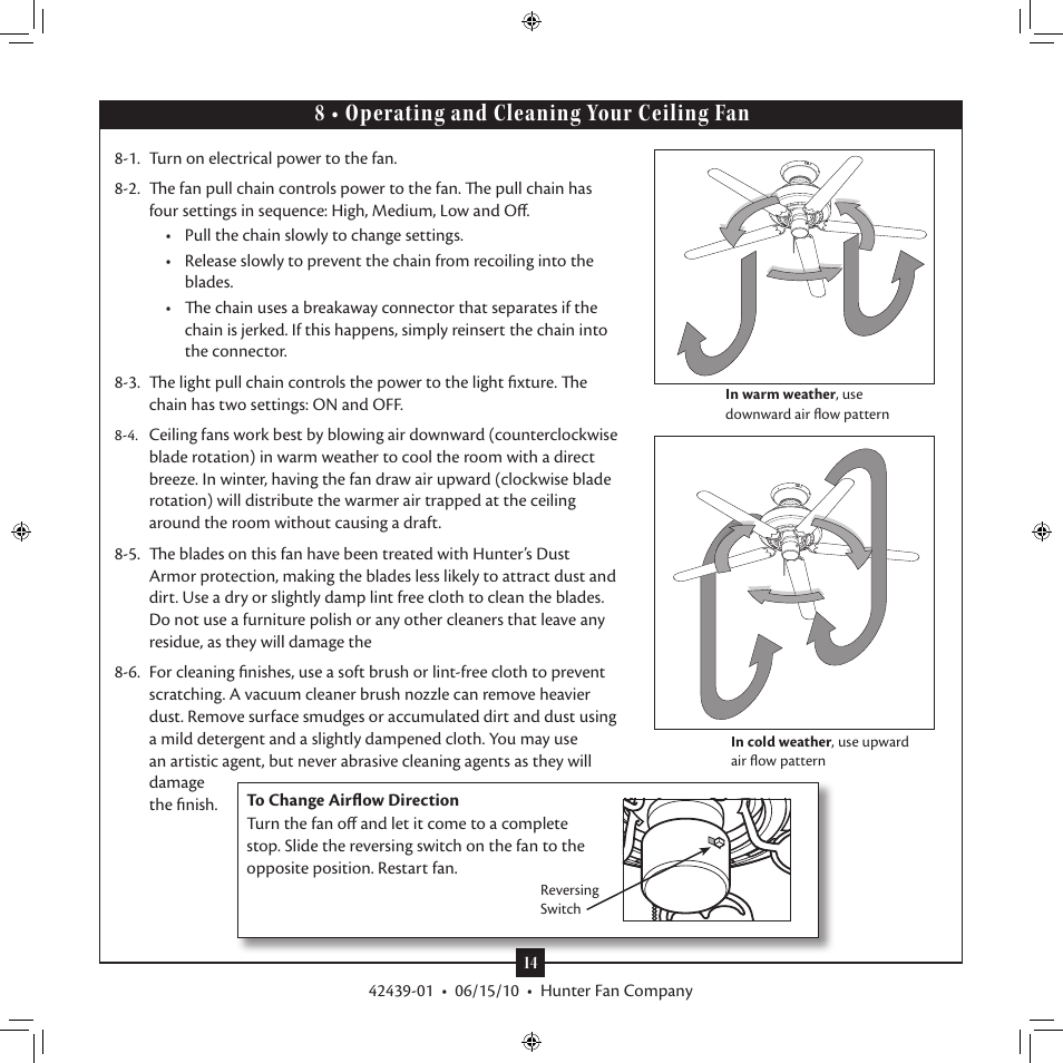 8 • operating and cleaning your ceiling fan | Hunter 28680 52 Waldon Five Minute Fan User Manual | Page 14 / 15