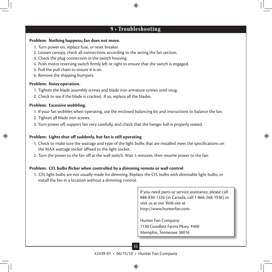 9 • troubleshooting | Hunter 28680 52 Waldon Five Minute Fan User Manual | Page 15 / 15