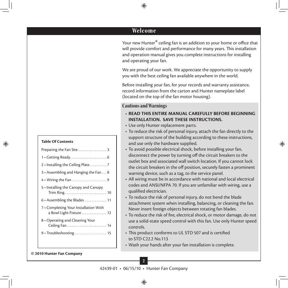 Welcome, Cautions and warnings | Hunter 28680 52 Waldon Five Minute Fan User Manual | Page 2 / 15