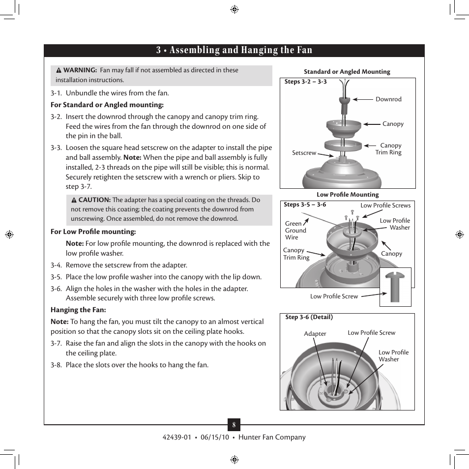 3 • assembling and hanging the fan | Hunter 28680 52 Waldon Five Minute Fan User Manual | Page 8 / 15