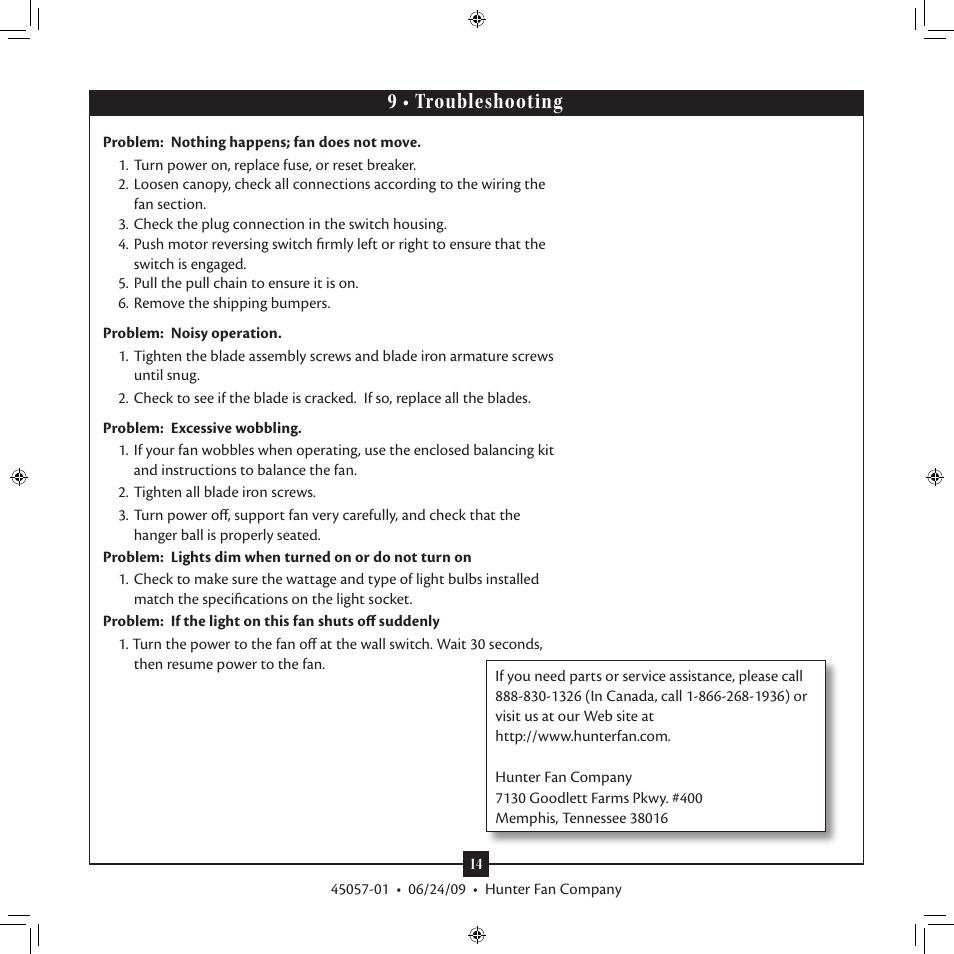 9 • troubleshooting | Hunter 21095 52 Westcott User Manual | Page 14 / 14