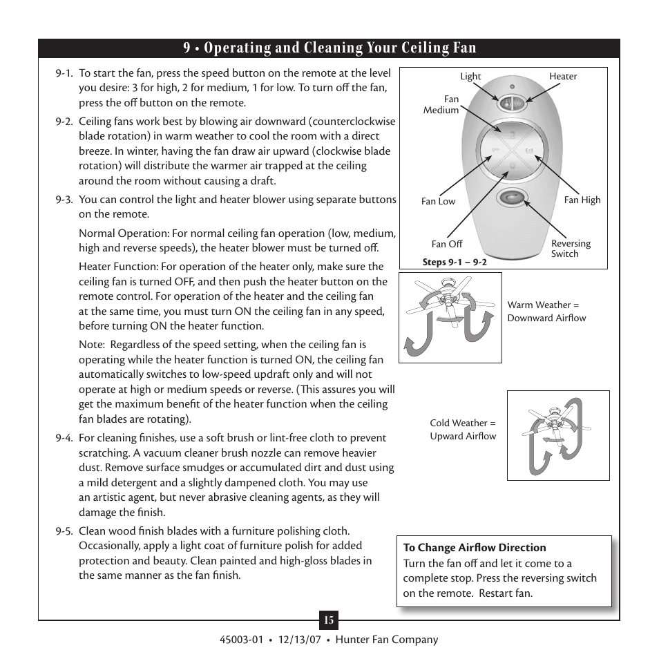 9 • operating and cleaning your ceiling fan | Hunter 21894 52 Westover User Manual | Page 15 / 16