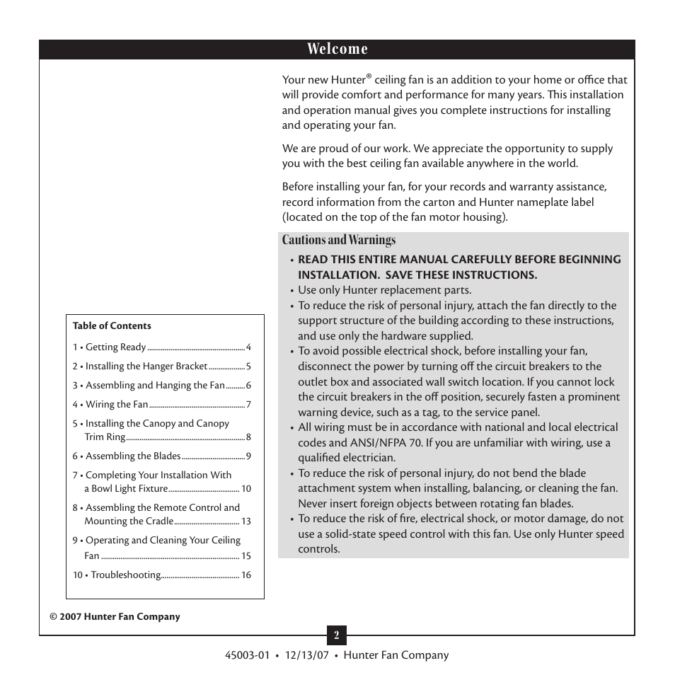 Welcome, Cautions and warnings | Hunter 21894 52 Westover User Manual | Page 2 / 16