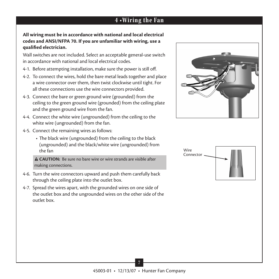 4 •wiring the fan | Hunter 21894 52 Westover User Manual | Page 7 / 16
